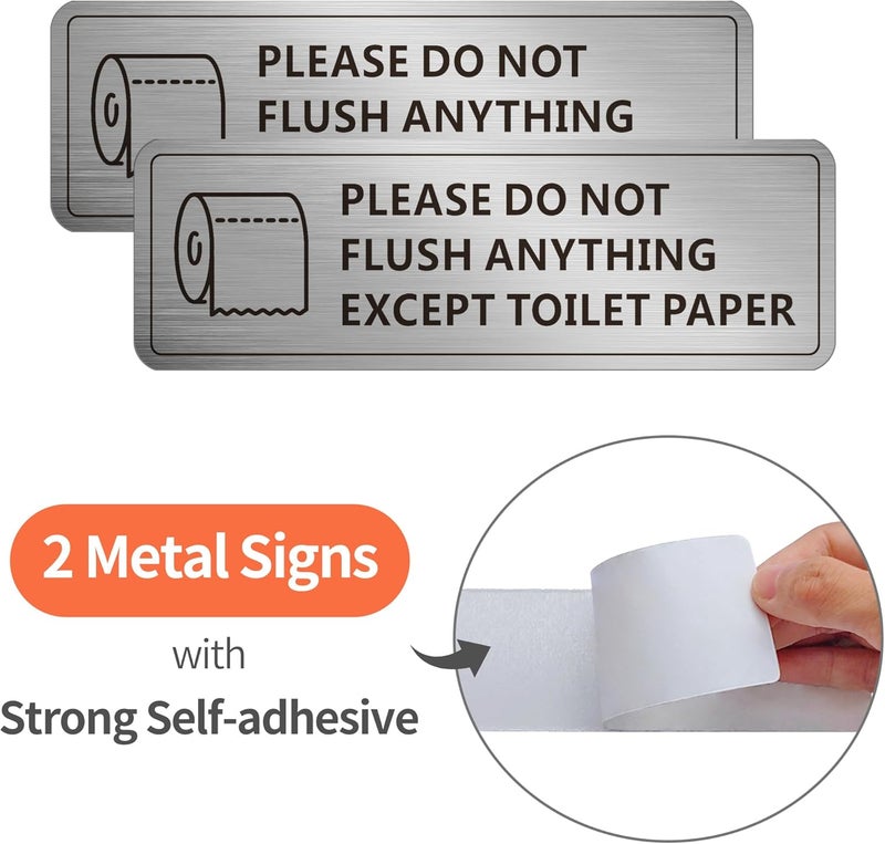MongFun Do Not Flush Anything Except Toilet Paper Sign for Bathroom, Do Not Flush Rules Bathroom Sign, (2 PACK) Self-adhesive Aluminum Metal Signs for Business and Home (7 x 2 Inch, Brushed Aluminum) - Image 2